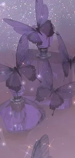 Lavender butterflies with glittery background creating a whimsical phone wallpaper.