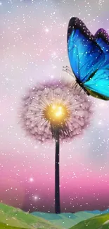 A vibrant blue butterfly on a dandelion against a colorful fantasy backdrop.