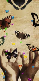 Vibrant butterflies on an aged paper background with hands reaching up.