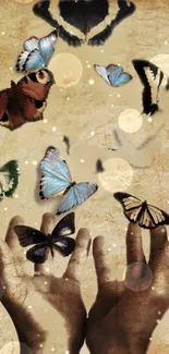 Hands releasing colorful butterflies on a textured background.