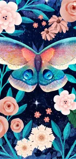 Vibrant butterfly with flowers on navy background wallpaper.