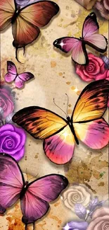 Colorful butterfly and floral design wallpaper.