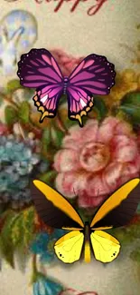 Vibrant butterfly and floral wallpaper with colorful design.