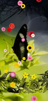 Artistic wallpaper featuring a butterfly, vibrant flowers, and lime green background.