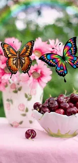 Butterflies over pink flowers with cherries in bowl.