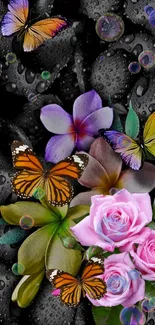 Vibrant butterflies and flowers on dark textured background mobile wallpaper.