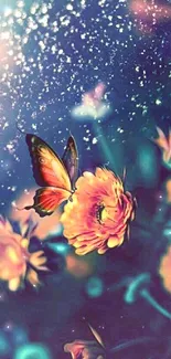 Colorful butterfly on flowers under starry night sky wallpaper.