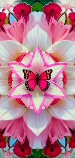 Pink flower and butterfly patterned wallpaper with vibrant colors.