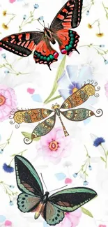 Colorful butterflies on floral background, perfect for mobile wallpaper.