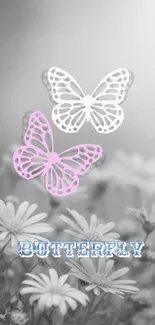 Delicate butterfly on floral background in soft gray and pink hues.