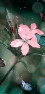 Pink flower with colorful butterflies on a teal bokeh background.