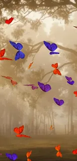 Colorful butterflies in a misty forest wallpaper.