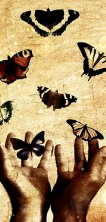 Hands releasing vibrant butterflies on a rustic background.