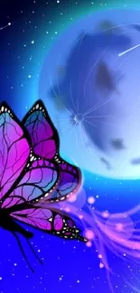 Vibrant butterfly with purple hues on a galaxy-themed background.