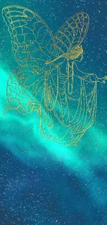 Golden butterfly over teal galaxy background wallpaper.