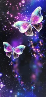 Colorful butterflies in a vibrant galaxy design for mobile wallpaper.