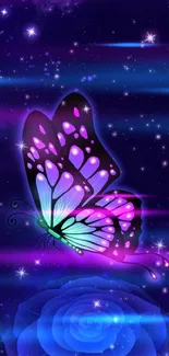 Butterfly in a galaxy with stars and a blue rose on mobile wallpaper.