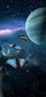 Butterflies fluttering in a galaxy with planets.