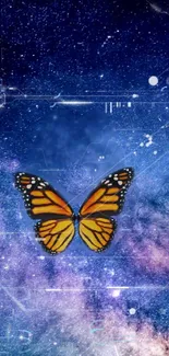 Colorful monarch butterfly on cosmic galaxy background.