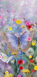 Blue butterfly amidst colorful flowers and pastel background.