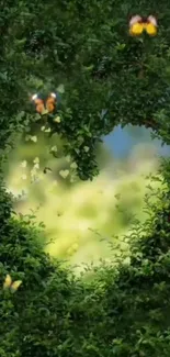 Heart-shaped foliage with vibrant butterflies on a green background.