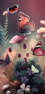 Vibrant mobile wallpaper with butterflies and flowers.