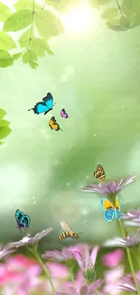 Colorful butterflies flying over flowers in a lush green garden.