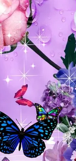 Lilac floral wallpaper with vibrant butterflies.