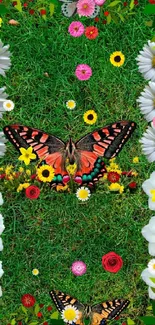 Mobile wallpaper with butterflies and floral garden on green grass.