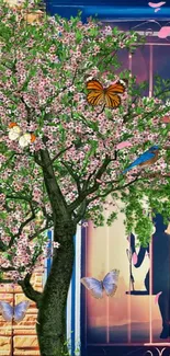 Vibrant tree with butterflies and silhouette art on phone wallpaper.