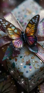 Colorful butterfly on a decorative gift box with sparkling effects.