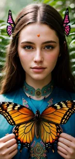 A girl with butterfly art surrounded by lush green leaves.