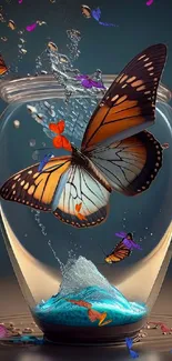 Butterfly escaping a glass jar with water splash on mobile wallpaper.