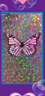 Vibrant butterfly on a glittery background with heart accents for a lively wallpaper.