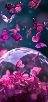 Purple butterflies rising from a magical globe on a mobile wallpaper.