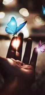 Luminous blue and purple butterflies on a hand in a blurred, dreamy background.