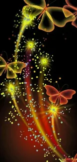 Vibrant wallpaper with glowing butterflies on a dark background.