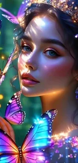 Woman surrounded by colorful butterflies in a fantasy scene.