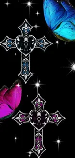 Colorful butterflies with Gothic crosses on a black starry background.