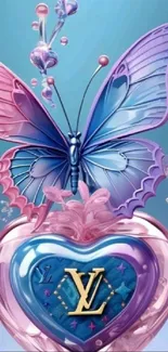 A colorful butterfly resting on a heart with intricate designs in blue and pink hues.