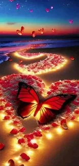 Butterfly and heart lights on a vibrant beach.