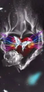 Butterfly on heart with roses and smoke in fantasy art wallpaper.