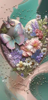 Colorful butterfly heart with flowers on teal pastel background.