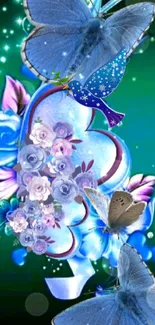 Blue butterflies and flowers on green background wallpaper.