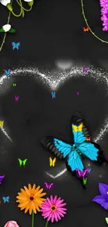 Heart-shaped butterfly wallpaper with colorful flowers.