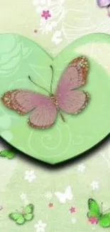 Heart-shaped green background with butterflies.