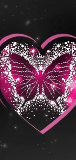 Pink butterfly in heart on black background.