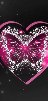 Pink heart with butterfly design on a black wallpaper background.