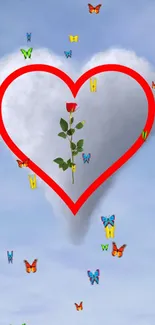 Heart shape with butterflies and red rose on blue sky.