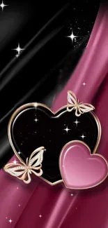 Elegant butterfly and heart design wallpaper in pink and black hues.